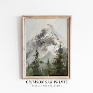 Vintage Mountain Landscape Painting , Mountain Oil Painting Rustic Cabin Decor Wooded Landscape Painting DIGITAL DOWNLOAD 19th century #555