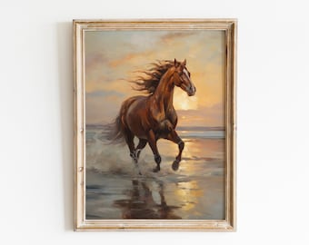 May include: A painting of a brown horse running through the water at sunset. The horse has a flowing mane and tail, and the water is a golden color. The painting is framed in a light wood frame.