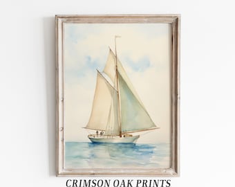 Vintage Sailboat Painting Watercolor Sailboat Print Printable Digital Wall Art Soft Neutral Coastal Sailboat Wall Art DIGITAL DOWNLOAD #543