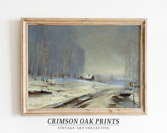Vintage Winter Landscape Painting , Rustic Winter Farmhouse Vintage Wall Art , Moody Country Christmas Printable Art DIGITAL DOWNLOAD #416