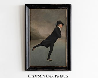 Vintage Portrait Gentleman Skating , Moody Winter Scene , Dark Academia Vintage Painting Printable Art DIGITAL DOWNLOAD 19th century #418