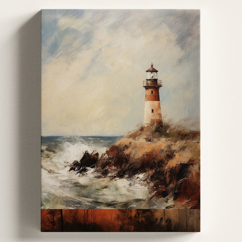 Vintage Lighthouse Print, Stormy Ocean Seascape Nautical Landscape Sea ...
