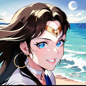 Puede incluir: Una ilustración digital de una mujer con cabello largo y castaño, que lleva una diadema dorada con una joya y un atuendo de marinero azul y blanco. Tiene ojos azules y sonríe. El fondo es un océano azul con olas blancas y una luna creciente en el cielo.