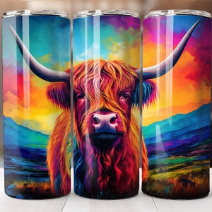Multicolor Highland Cow Tumbler Design, 20oz Skinny Tumbler Wrap, Multicolor Highland Cow Tumbler Template - PNG Digital Download