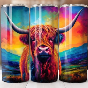 May include: A colourful, abstract painting of a Highland cow with a sunset background. The cow is painted in shades of red, orange, yellow, and purple. The background is a vibrant sunset with shades of orange, pink, and purple. The painting is on a stainless steel tumbler.