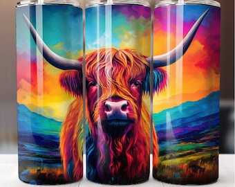 Multicolor Highland Cow Tumbler Design, 20oz Skinny Tumbler Wrap, Multicolor Highland Cow Tumbler Template - PNG Digital Download