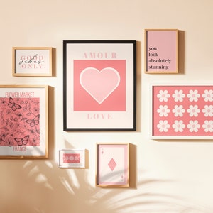 pink aesthetic wall art set of 7 bundle prints room decor, trendy wall art apartment decor, printable wall art aesthetic gallery home decor