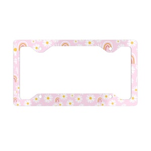 Pink Daisy Rainbow Metal License Plate Frame - Floral Car Accessory, Cute License Plate Holder, Vehicle Decoration, Gift for Her, Unique