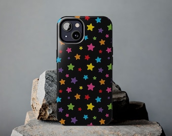 Rainbow Stars IPhone 13,14,15 Tough Phone Cases, Black phone case, Rainbow star phone case, iphone 13 case, iphone 14 case, iphone 15 case