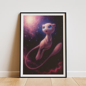 Op de afbeelding: Een ingelijste kunstdruk met een bleekroze, katachtig wezen met grote blauwe ogen dat zweeft in een donkere, kosmische ruimte vol paarse en magentakleurige nevels, gloeiende sterren en een heldere lichtbron in de linkerbovenhoek.