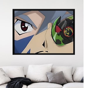 May include: A close-up of an anime character's face with a red eye and a green and black spinning top in the foreground.