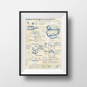 May include: A blue and white blueprint style illustration of a Pokeball with the title "Pokeball Prototype Concept". The illustration shows the different parts of the Pokeball and how it works.