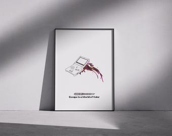 Può includere: Una stampa incorniciata con un'illustrazione di Game Boy Advance SP con strisce colorate che emanano dal dispositivo. Il testo "GAME BOY ADVANCE SP Escape to a World of Color" è in basso. La stampa è esposta contro un muro bianco.