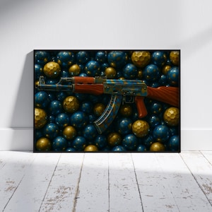May include: Framed artwork featuring an AK-47 rifle with a wood grain stock and a blue and gold patterned receiver. The rifle is set against a backdrop of blue and gold spheres. The artwork is displayed on a white wall.