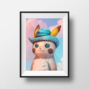 May include: Framed print of a cartoon creature with a white body, large blue eyes, and brown cheek spots. It wears a blue hat with yellow and brown accents, set against a pink and blue sky.