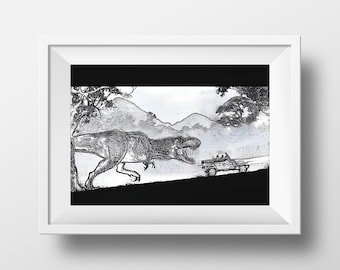 Jurassic Park T-Rex Scene Art Print - Classic Movie Poster