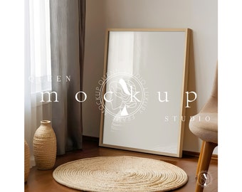 Nordic Room Scene Frame Mockup: Leaning Wood Frame (PSD Digital Download)