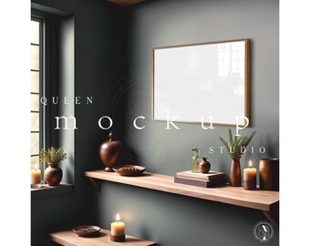 May include: A gold framed picture mockup with a white background, hanging on a dark green wall. The picture is above a wooden shelf with decorative items, including candles, vases, and greenery.