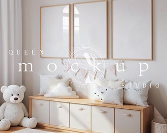 Nursery Frame Mockup: 8x11 Wood Frames, Kids Room, Set of Three (PSD,JPG, Digital)