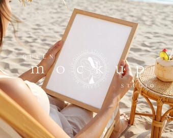Beach Scene Frame Mockup, DIN A4, Vertical Wood Frame (PSD & JPG)