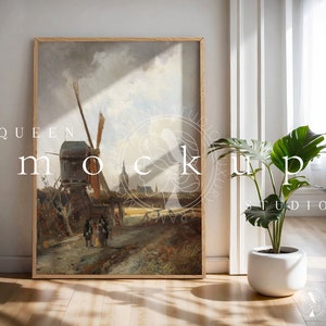 May include: A framed painting of a windmill in a rural landscape. The painting is in a wooden frame and is hanging on a white wall. The painting is in a muted color palette with shades of brown, green, and blue.