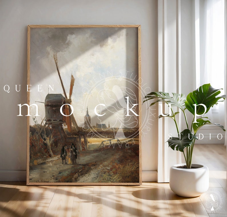 May include: A framed painting of a windmill in a rural landscape. The painting is in a wooden frame and is hanging on a white wall. The painting is in a muted color palette with shades of brown, green, and blue.