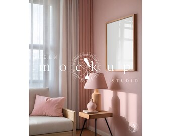 Wood Frame Mockup: Pink Livingroom Interior, 8x11 PSD (Digital Download)