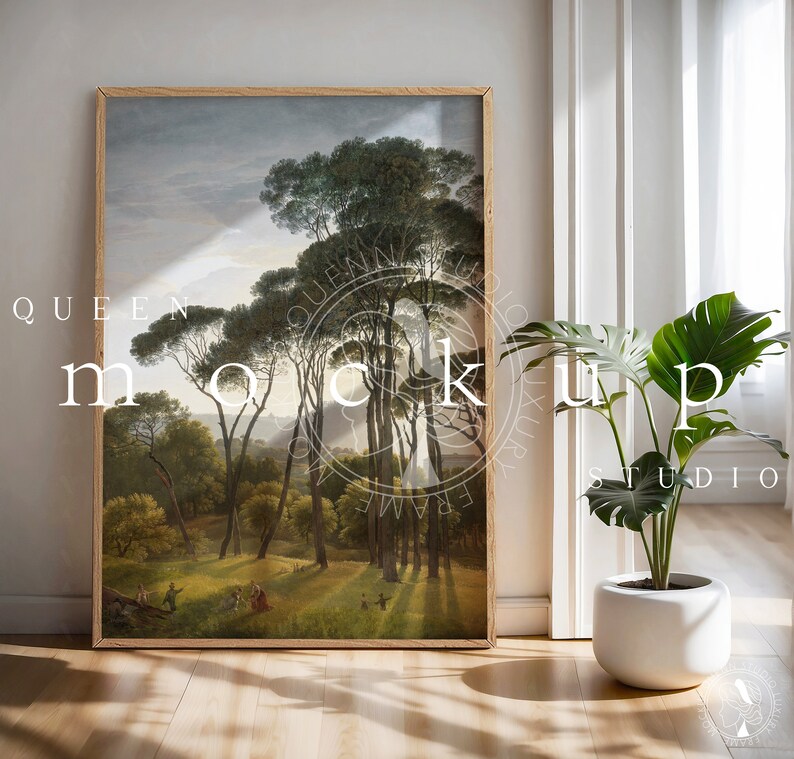 May include: A framed painting of a forest scene with tall trees and a group of people in the distance. The painting is in a wooden frame and is hanging on a white wall.