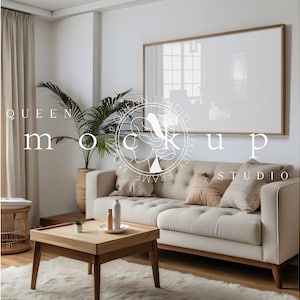 16x9 TV Frame Mockup: Modern Room, Wood Frame (PSD, JPG)