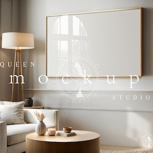 16x9 TV Frame Mockup: Modern Room, Wood Frame (Digital Download)