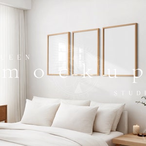 Three Vertical Frames Mockup for  Prints and Artwork, Bedroom Wood Frame Mockup  Template, Set of 3 Frame Mockup PSD, DIN A  Digital Display