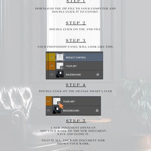 May include: A set of instructions for using a Photoshop template. The instructions are divided into five steps, with each step illustrated with a screenshot of the Photoshop panel. The instructions include downloading a zip file, double-clicking on a PSD file, and double-clicking on an orange smart layer.
