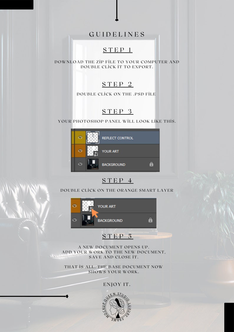 May include: A set of instructions for using a Photoshop template. The instructions are divided into five steps, with each step illustrated with a screenshot of the Photoshop panel. The instructions include downloading a zip file, double-clicking on a PSD file, and double-clicking on an orange smart layer.