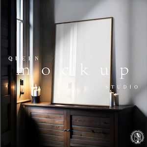 Elegante mockup con cornice sottile nera DIN A per la progettazione di pareti interne, mockup con cornice in legno alla moda, disegni mockup con cornice verticale per esposizione artistica