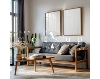 Può includere: Un interno di un soggiorno con un divano grigio, due quadri incorniciati in legno, un tavolino da caffè con libri e una pianta, e un tappeto sul pavimento. Il testo "QUEEN MOCKUP FRAME STUDIO" è visibile nell'immagine.
