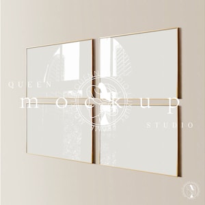 May include: Two gold-framed picture frames with white mats, hanging on a light beige wall. The frames are arranged in a vertical stack, with the top frame slightly offset to the right. The frames are empty and ready for your artwork.