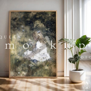May include: A framed painting of a young girl in a white dress sitting in a field of flowers. The painting is in a rustic wooden frame and has a vintage feel.