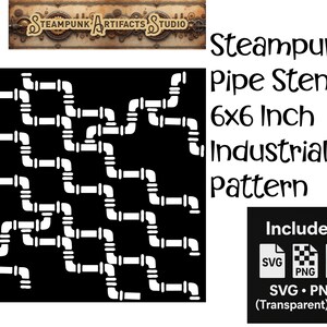 Może przedstawiać: Czarno-biała szablon z wzorem steampunkowych rur. Szablon ma rozmiar 15,24 x 15,24 cm i zawiera pliki SVG, PNG i JPG.