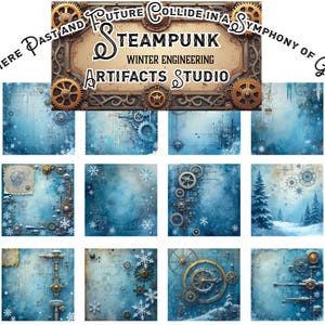 Steampunk Winter Engineering Digital Paper Pack – Frosty Blue Gears, Engineering Schematics, 20 JPG, PDF 12x12