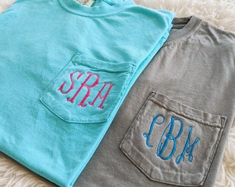 Monogrammed Comfort Colors Shirt, Short Sleeve Pocket T-shirt, Bridesmaid Gift, Monogram Tee, Unisex Pocket Tee, Gift Idea