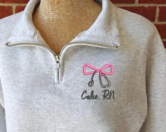 Personalized Embroidered Nurse Ribbon Stethoscope Quarter Zip Sweatshirt, Custom Coquette Bow, Registered Nurse Pullover Sweatshirt