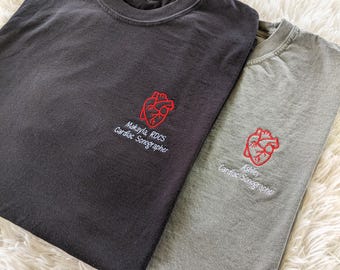 Embroidered Custom Cardiac Sonographer T- shirt, Short Sleeve RDCS Shirt, Anatomical Heart Design