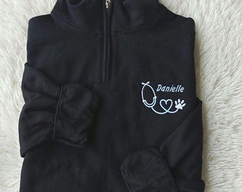 Personalized Veterinarian Office Quarter Zip Sweatshirt, RVT Monogram, Cozy Embroidered Custom Paw Print