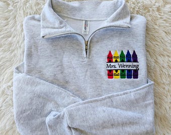 Quarter Zip Teacher Sweatshirt, Embroidered Crayon Design with Teacher Name, Teacher Aid Sweatshirt, Teacher Graduation Gift, Preschool Gift