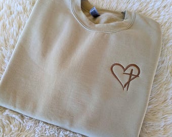 Embroidered Heart Cross Sweatshirt: Christian Faith Gift