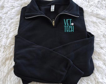 Embroidered Vet Tech Office Apparel, Quarter-Zip Sweatshirt, Mini Paw Print, RVT, LVT