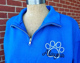 Embroidered Outline Paw Print Quarter Zip Sweatshirt,  Personalized RVT Pullover,  Monogrammed Embroidered Vet Tech Shirt