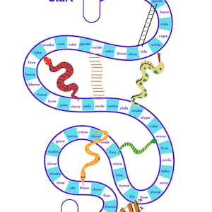 May include: A colourful game board with a blue, purple and white design. The board features a snake and ladder game with words on each space. The game is called "Silent 'e' Snakes and Ladders".
