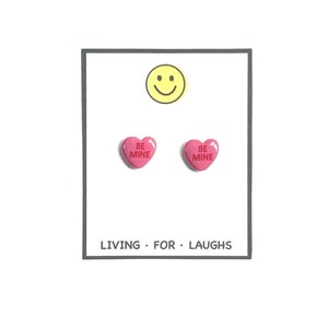 Be Mine Studs, Heart Shaped Candy, Valentine’s Day Jewelry, Holiday Earrings, Sensitive Ears, Candy Heart Earrings, livingforlaughs