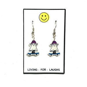 Skater Boy Ghost Earrings, Cute Holiday, Halloween Earrings, Unique Earring, Punk Ghost, Costume, Spooky, Funny Halloween, livingforlaughs